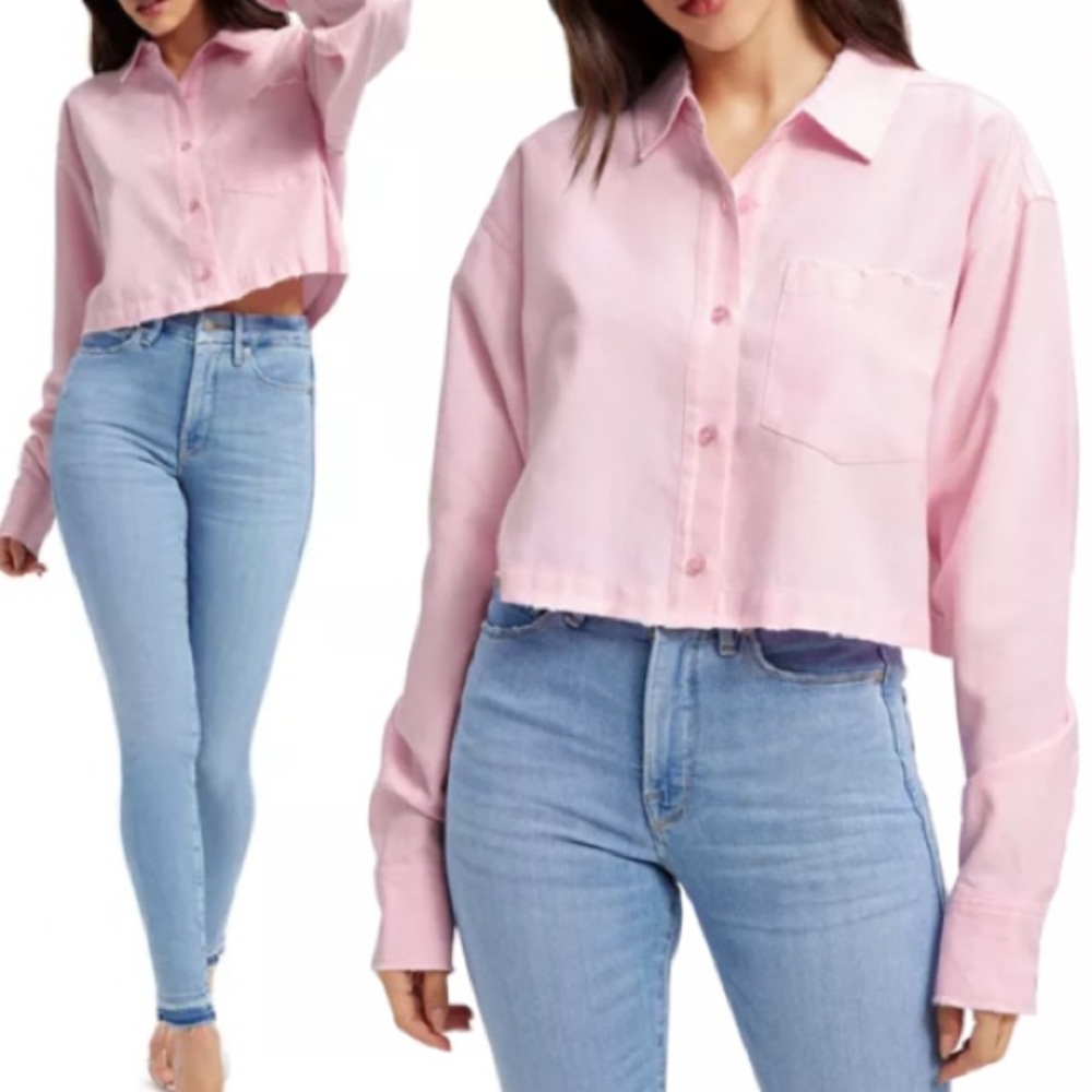 Good American
Distressed Cropped Oxford Shirt